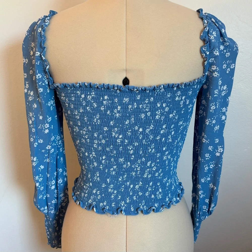 Reformation Pinto Top in Lassen Blue, Smocked, Puff Long Sleeve Dainty Floral, S